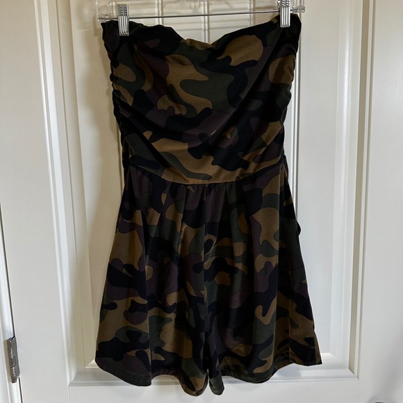 Haley & Jane Camo Romper Strapless Ruched Mini Dress‎ with Pockets Size L - Picture 7 of 10